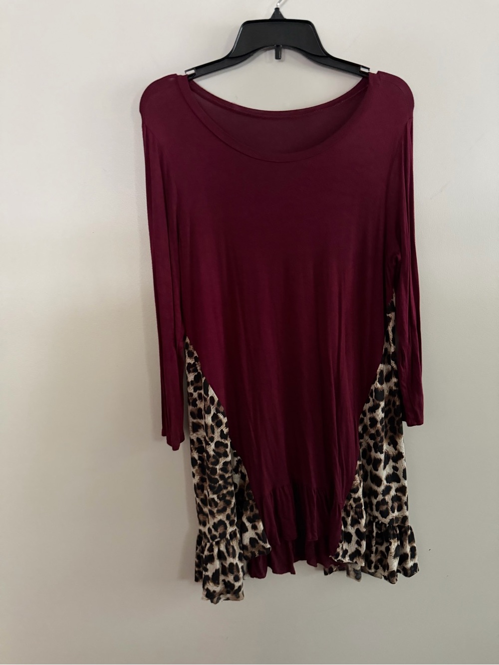 Women's Burgundy Long Sleeve Tunic with Leopard Ruffle Hem